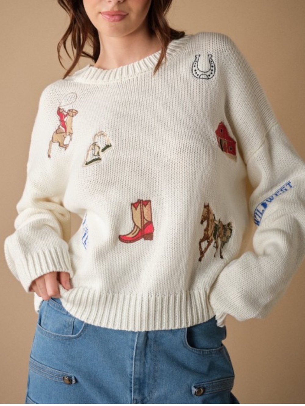Cream Embroidered Western Motif Sweater